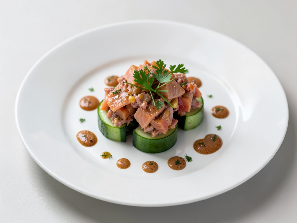 Tartar de salmón sobre rollos de pepino