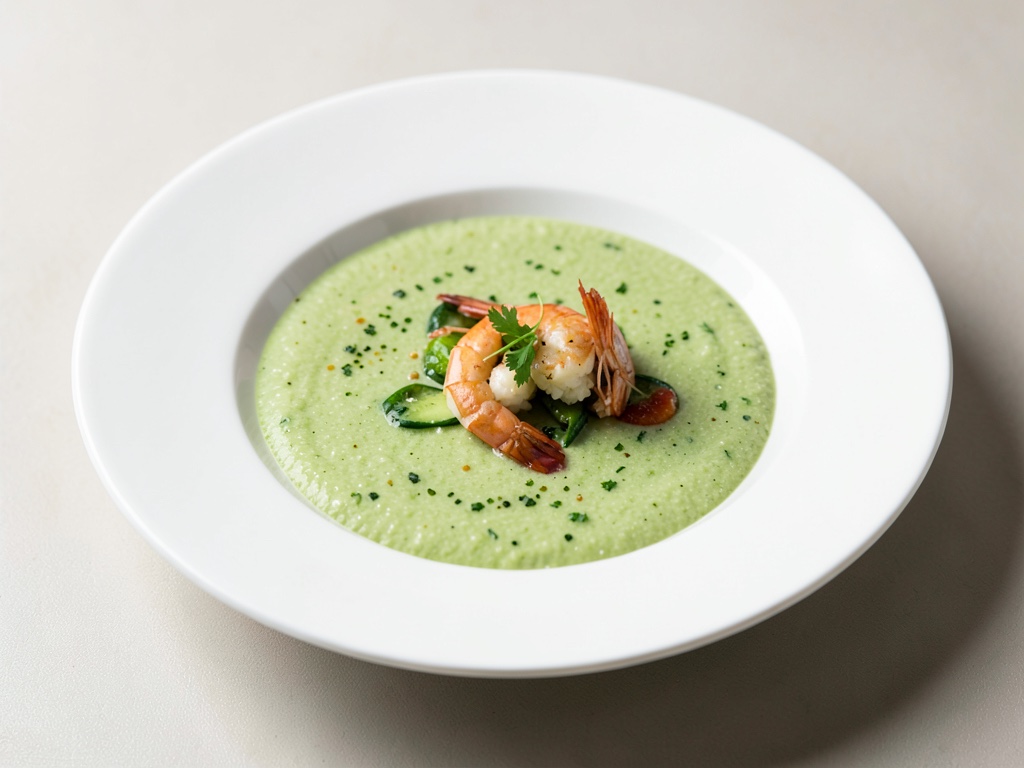 Zuppa fredda di cetrioli rinfrescante con gamberi del Mare del Nord
