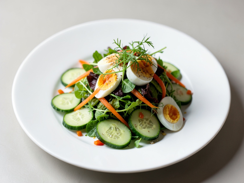 Insalata fresca con cetrioli, carote, crescione e uova