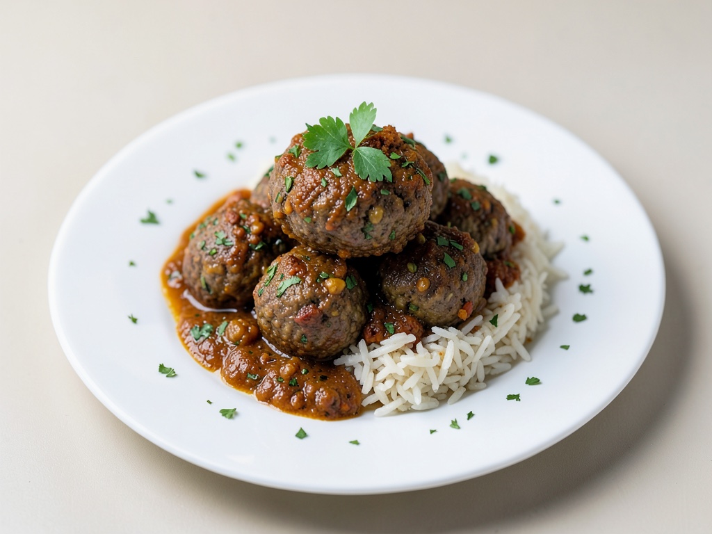 Würzige Kräuter-Frikadellen mit scharfer Ratatouille-Soße und Reis