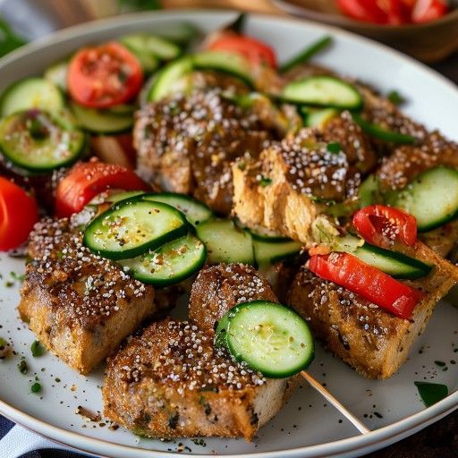 Polpette di sesamo con fresco divertimento di cetriolo e pomodoro