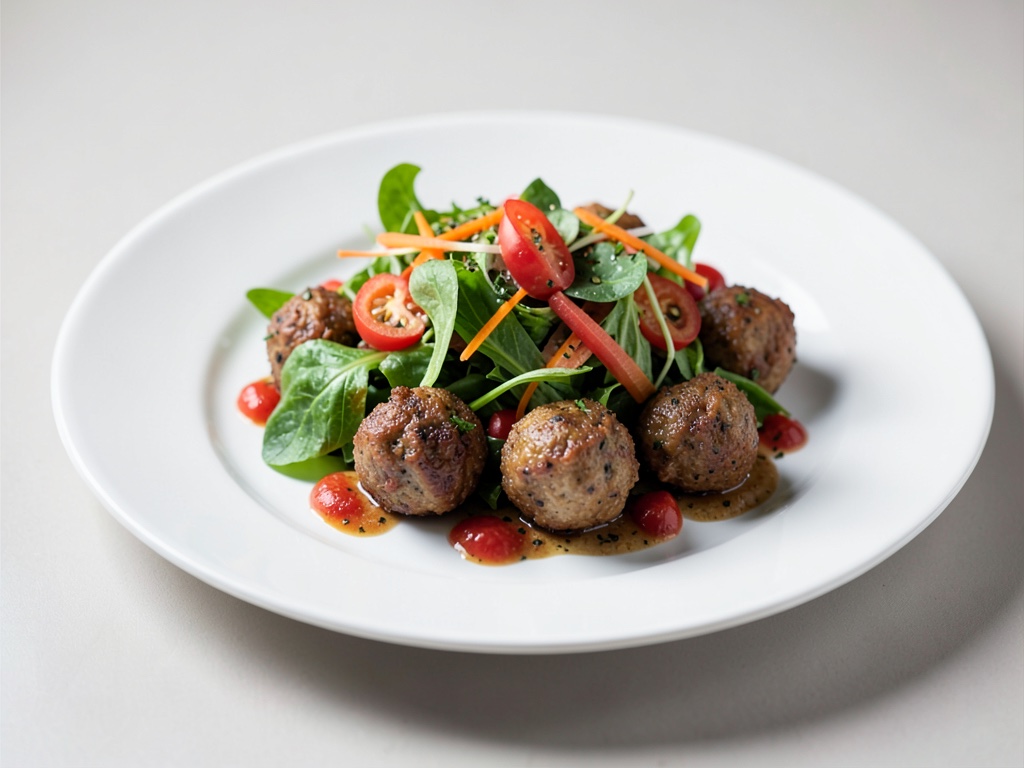 Frischer Gemüsesalat mit gebratenen Fleischbällchen