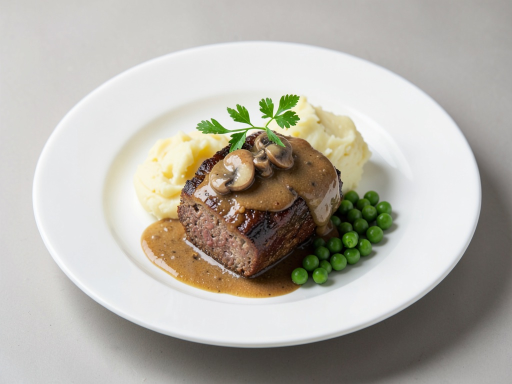 Suculento arrosto di carne macinata con jus di funghi champignon, purè di patate cremoso e piselli