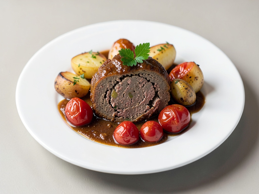 Rotolo di carne macinata succoso con patate al forno e pomodori