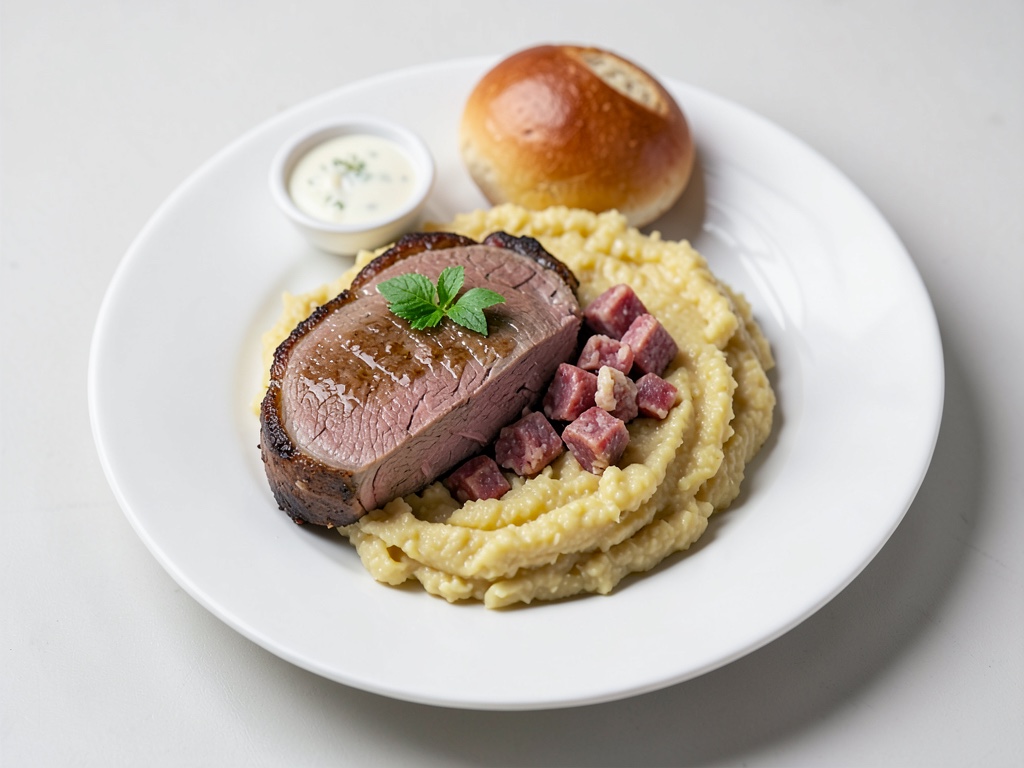 Jugoso pastel de carne con puré de patatas cremoso