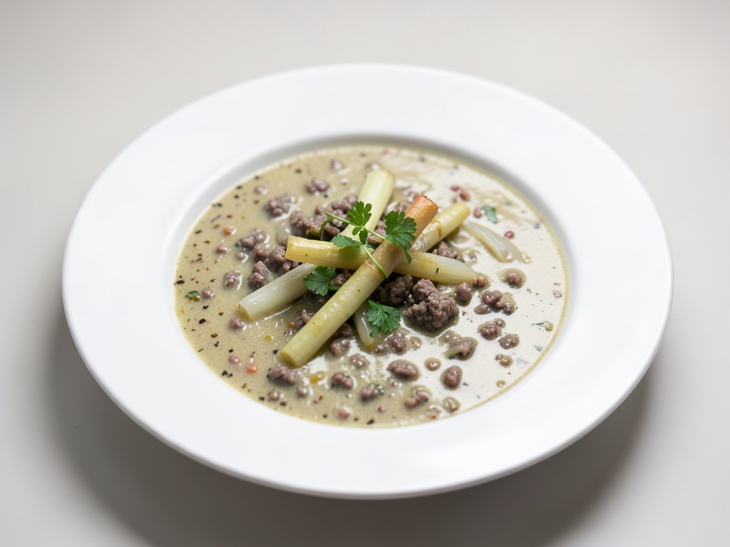 Sopa cremosa de puerco y carne picada con brotes de bambú