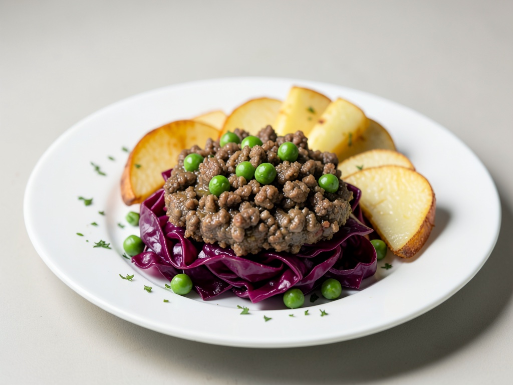 Hachis de viande hachée croquant aux petits pois sur chou rouge juteux et tranches de pomme dorées