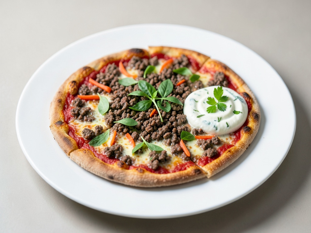 Pizza alla carne macinata con salsa di cetrioli e yogurt