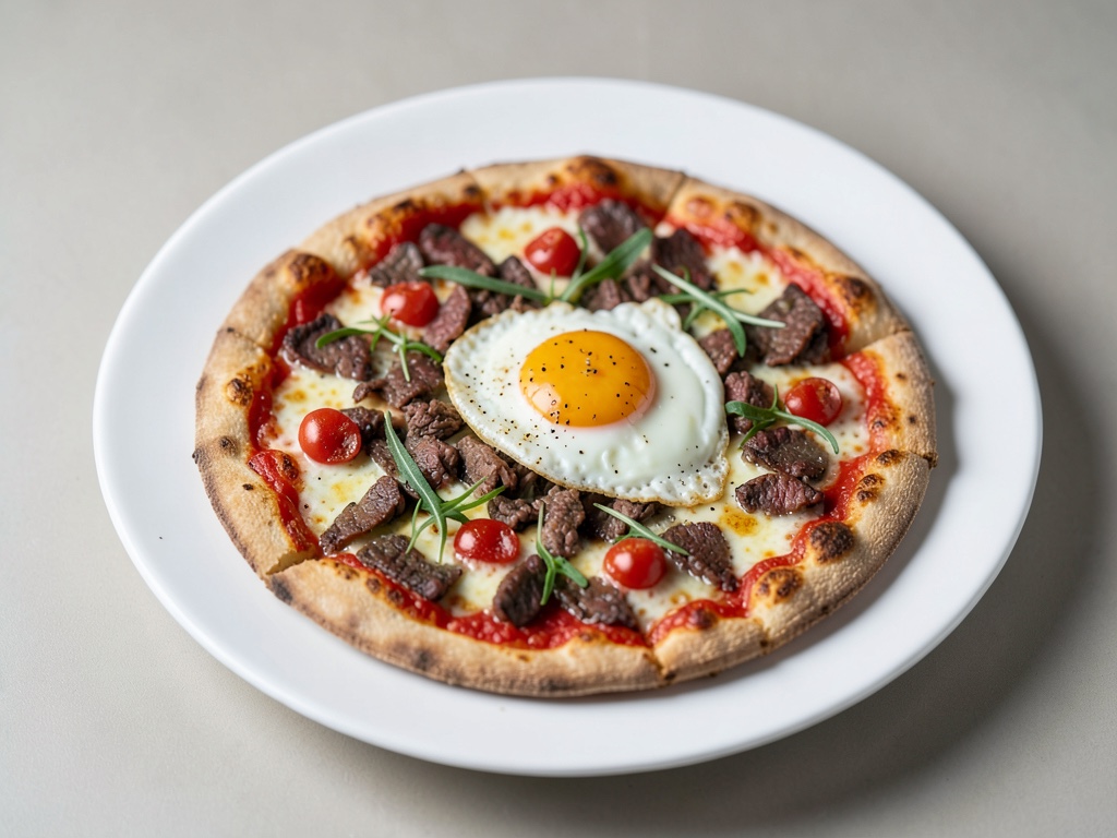 Pizza alla carne macinata con uovo al tegamino