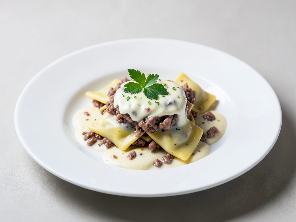 Ravioli fatti in casa con ripieno di carne macinata e salsa alla panna