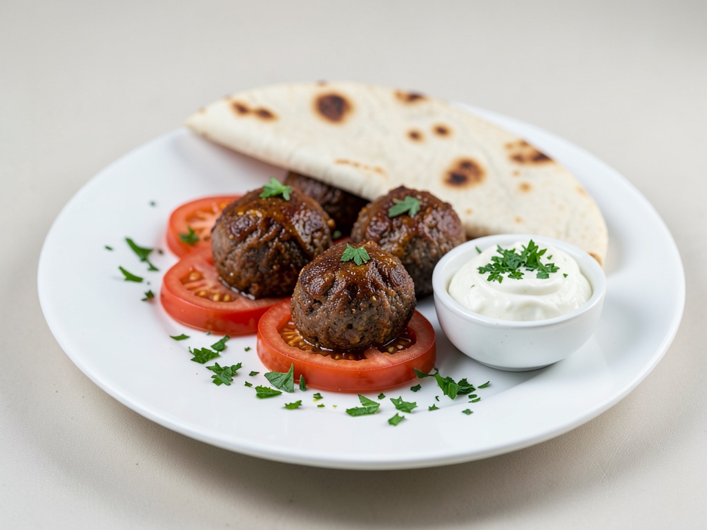 Polpette croccanti con pomodoro, pane flatbread e yogurt dip