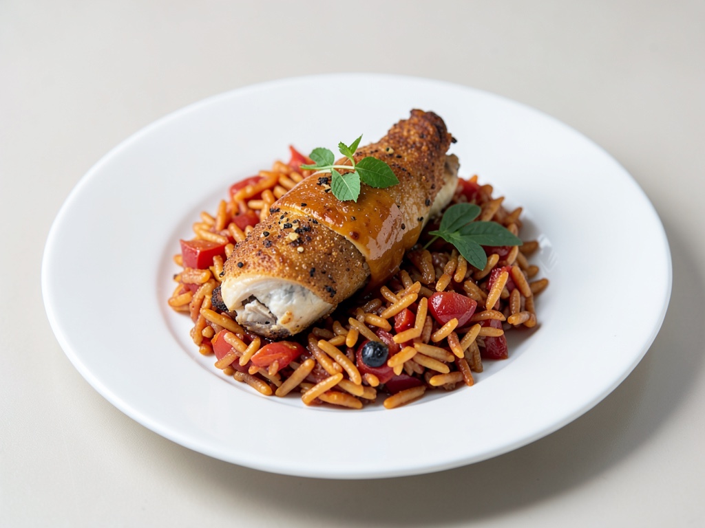 Poulet croustillant sur riz aux tomates épicées