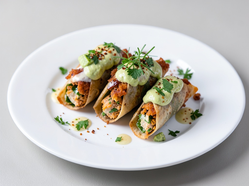 Burritos crujientes de pollo con crema de aguacate