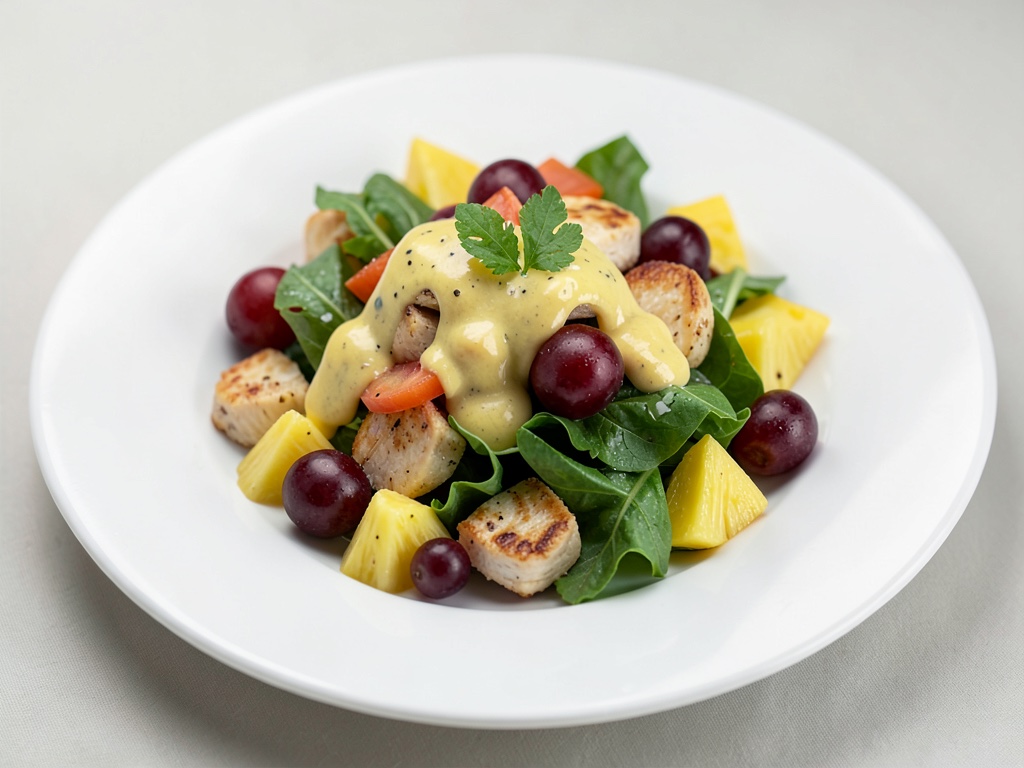 Insalata di pollo e verdure con maionese gialla, uva e ananas