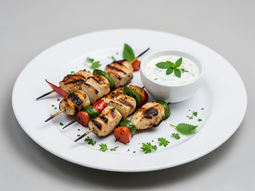 Brochettes de poulet et légumes grillés avec trempette yaourt-menthe