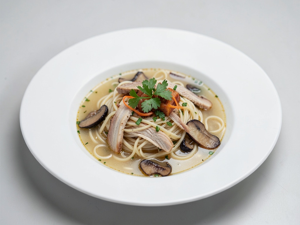 Zuppa veloce di vermicelli di riso con pollo e shiitake