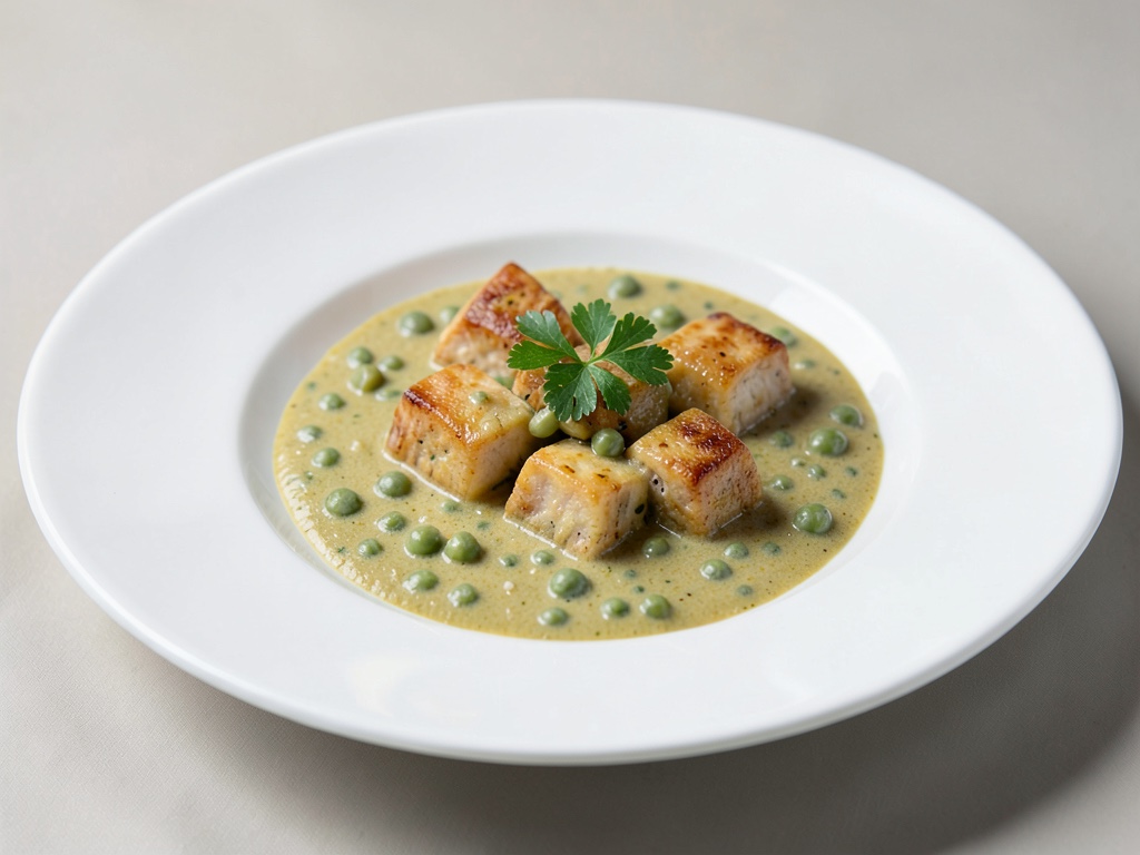 Dadi di pollo in salsa cremosa al curry e piselli