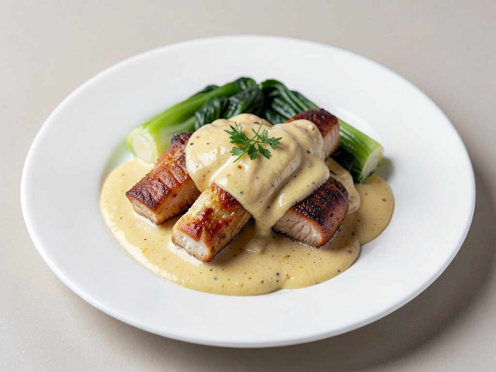 Fettige strisce di pollo in salsa cremosa al limone e cocco con pak choi