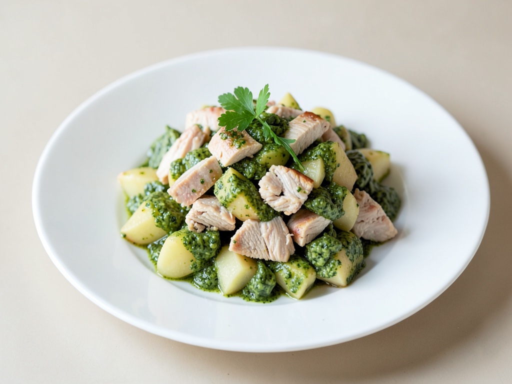 Insalata tiepida-fredda di pollo e patate al pesto