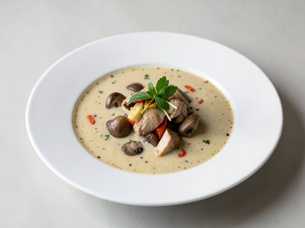 Sopa cremosa de pollo y coco con champiñones y aromas tailandeses