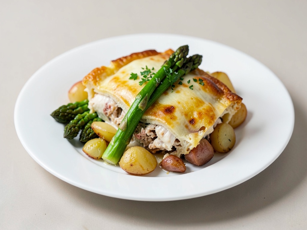 Hähnchen-Kuchen mit Spargel und Kartoffelverzierung