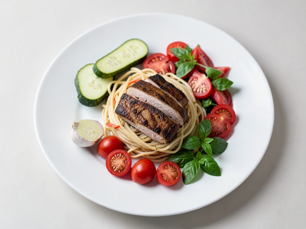 Filetto di pollo con spaghetti di zucchine e insalata di pomodori freschi