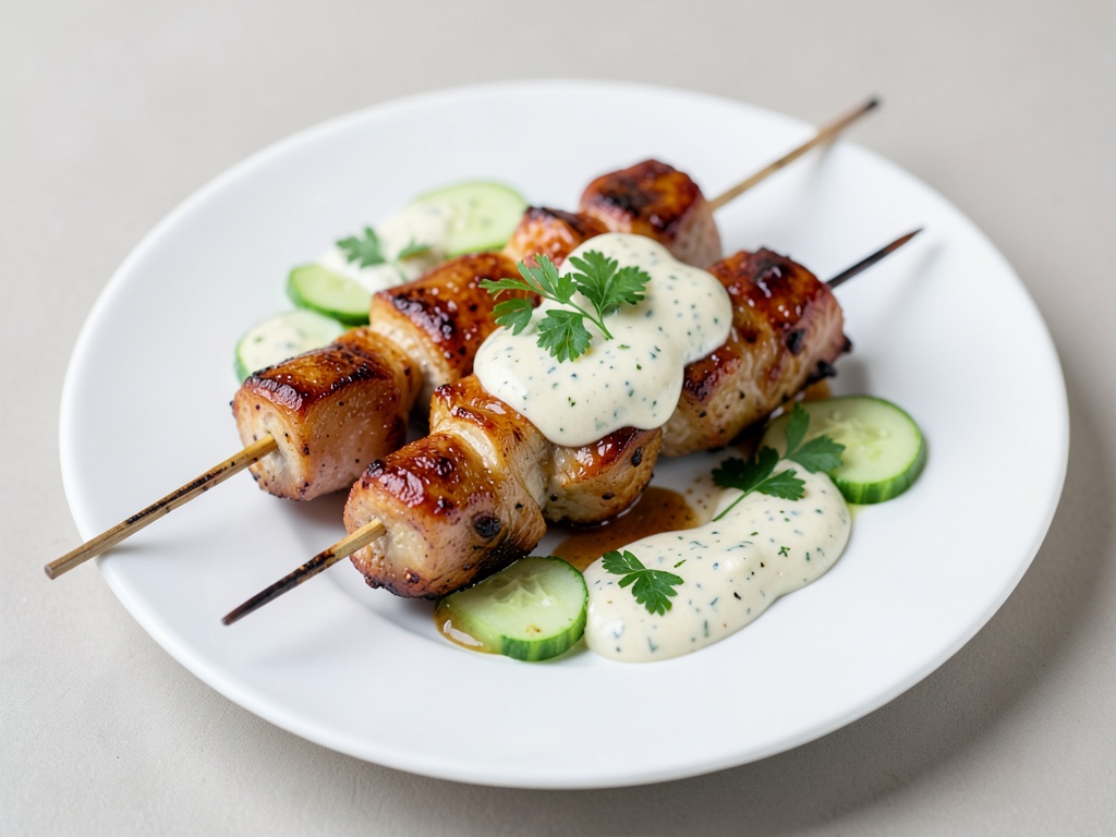 Spiedini di pollo al miele con salsa di yogurt e cetrioli