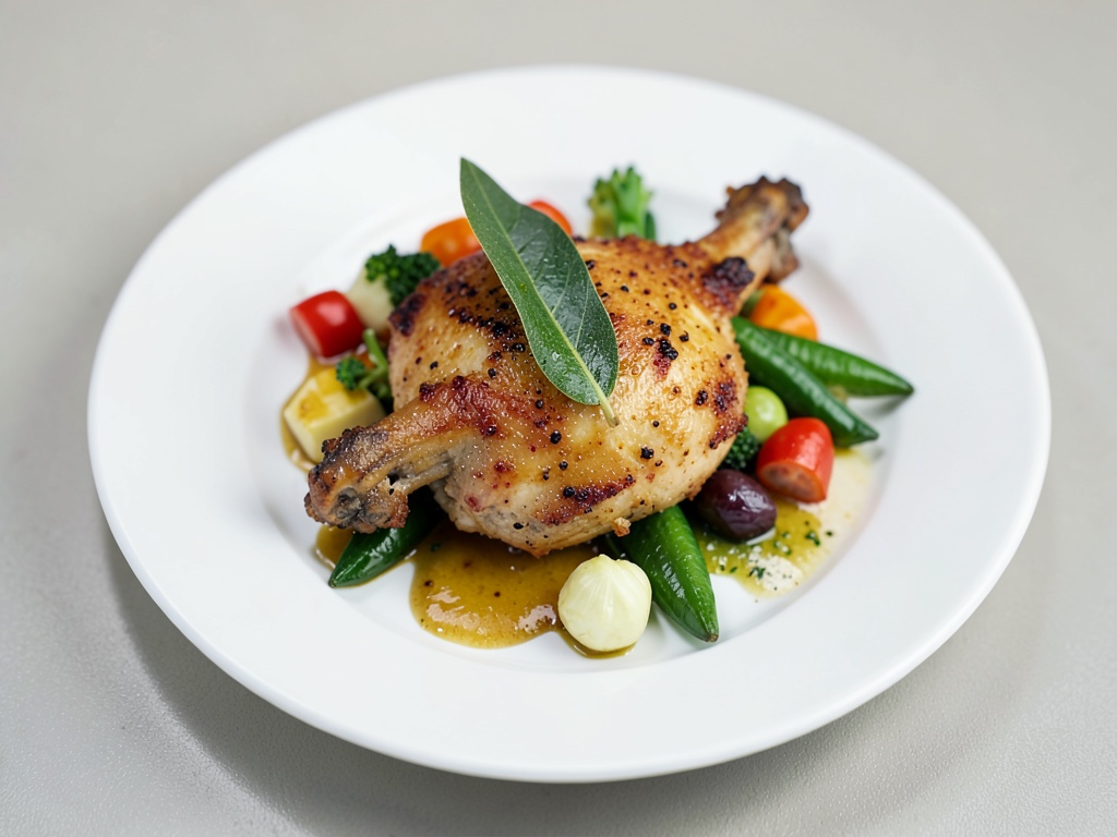 Pollo croccante all'alloro e verdure miste dal forno in terracotta