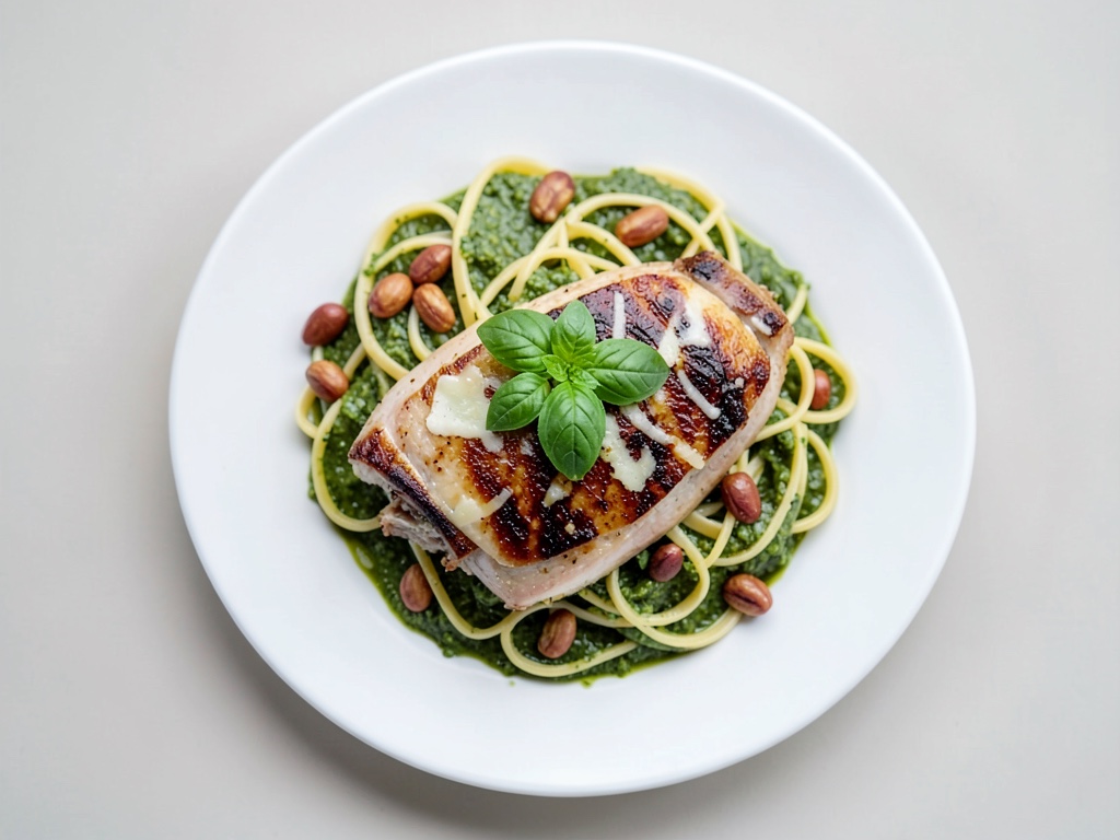 Hähnchenfilet mit Käse, Nudeln und Basilikumsoße
