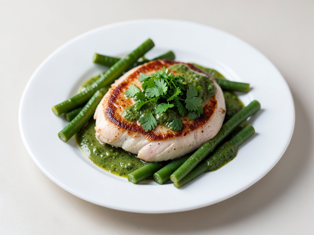 Petto di pollo con salsa fresca al prezzemolo e fagiolini verdi