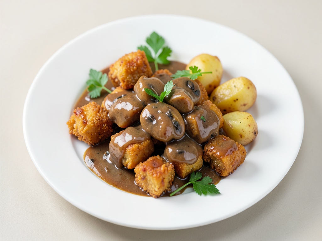 Dés de poulet croustillants à la sauce champignons-vin et pommes de terre au four