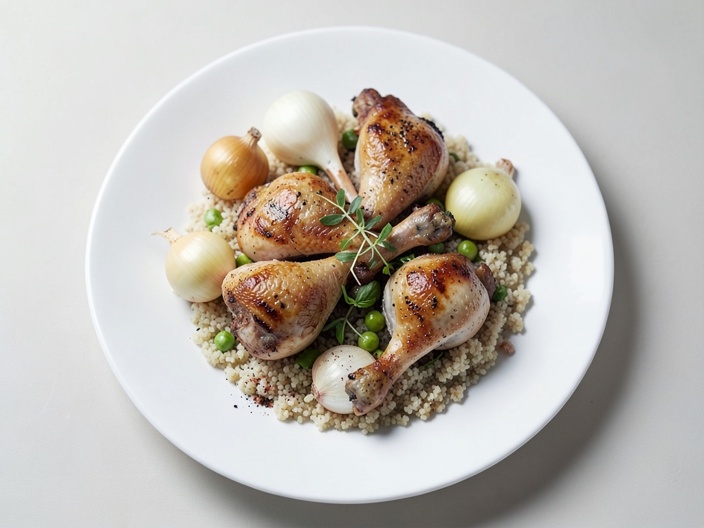 Cosce di pollo croccanti con scalogni e couscous al finocchio