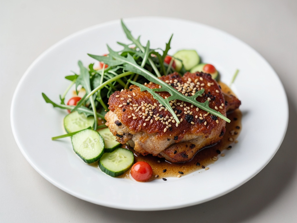 Pollo croccante con crosta di sesamo e insalata fresca di rucola e cetriolo