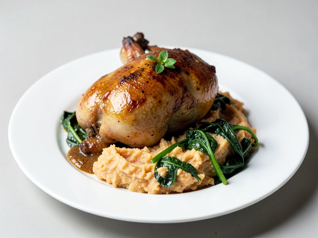 Poulet au four avec purée de patates douces crémeuse et épinards