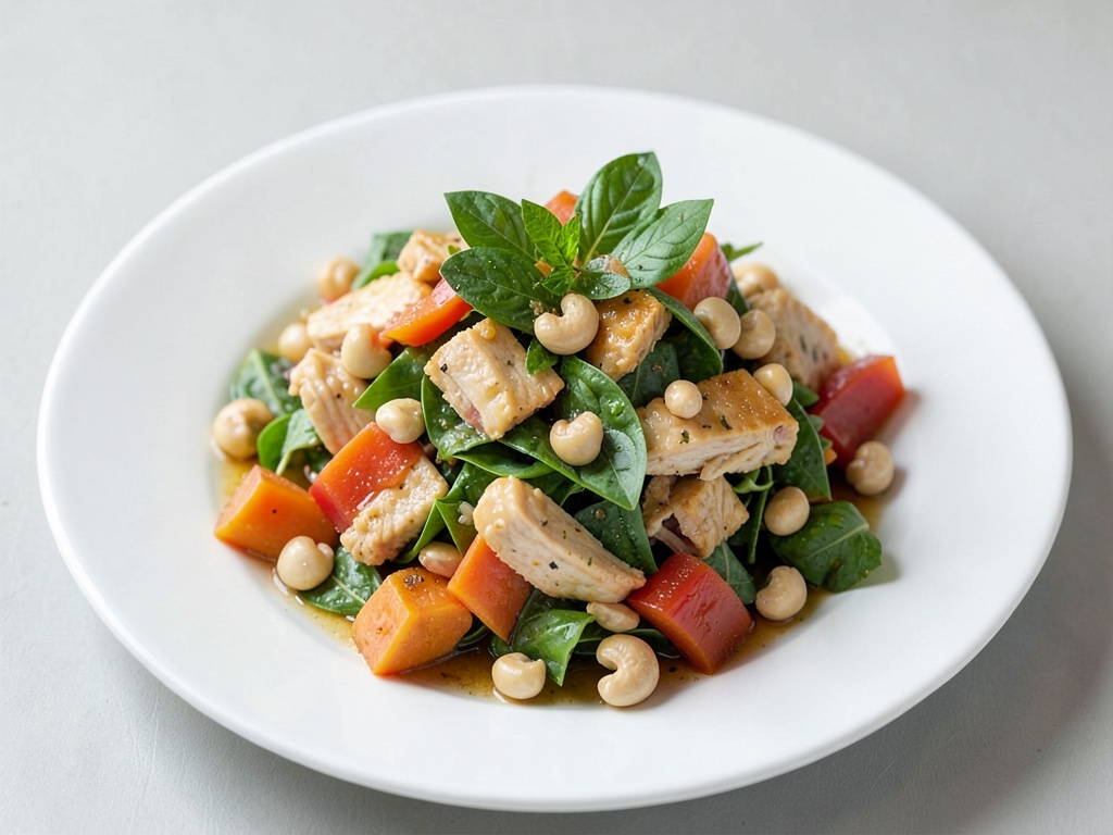 Insalata di papaya e pollo fruttata con anacardi