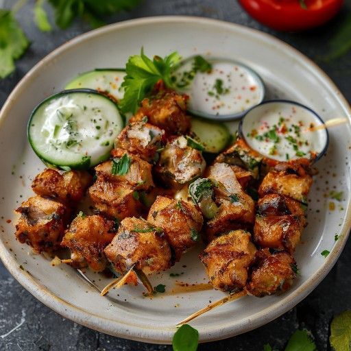 Spiedini di pollo tandoori con fresco dip di cetriolo e yogurt