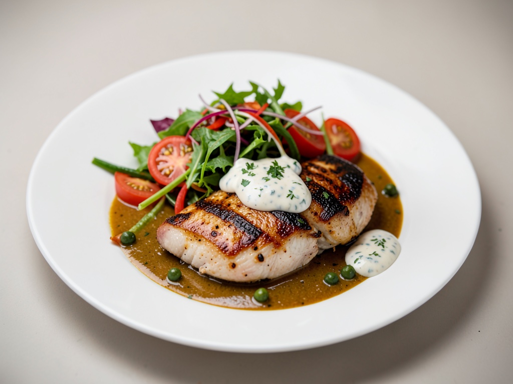 Pollo alla griglia con insalata di pomodori e rucola e condimento allo yogurt al curry