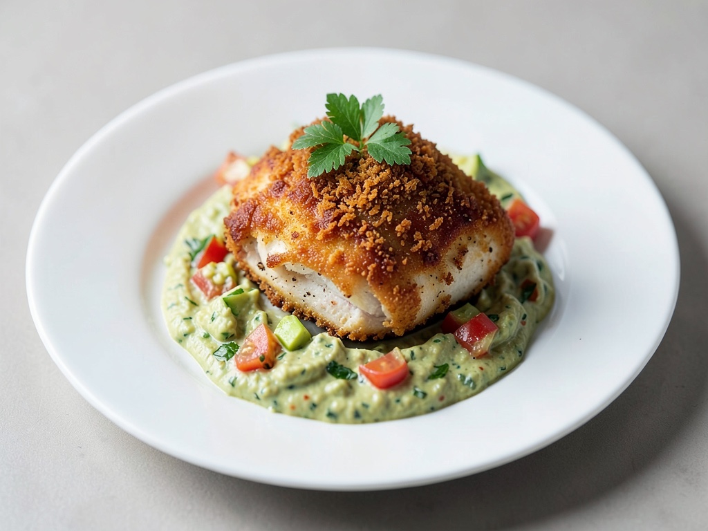 Poulet croustillant avec dip frais à l'avocat et tomate