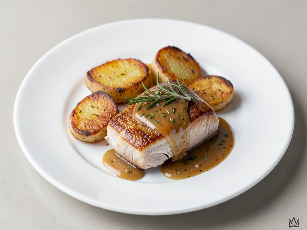 Patate croccanti con petto di pollo succoso e salsa al rosmarino