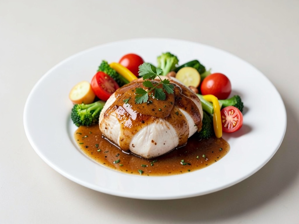 Petto di pollo tenero con verdure colorate e vinaigrette al pomodoro