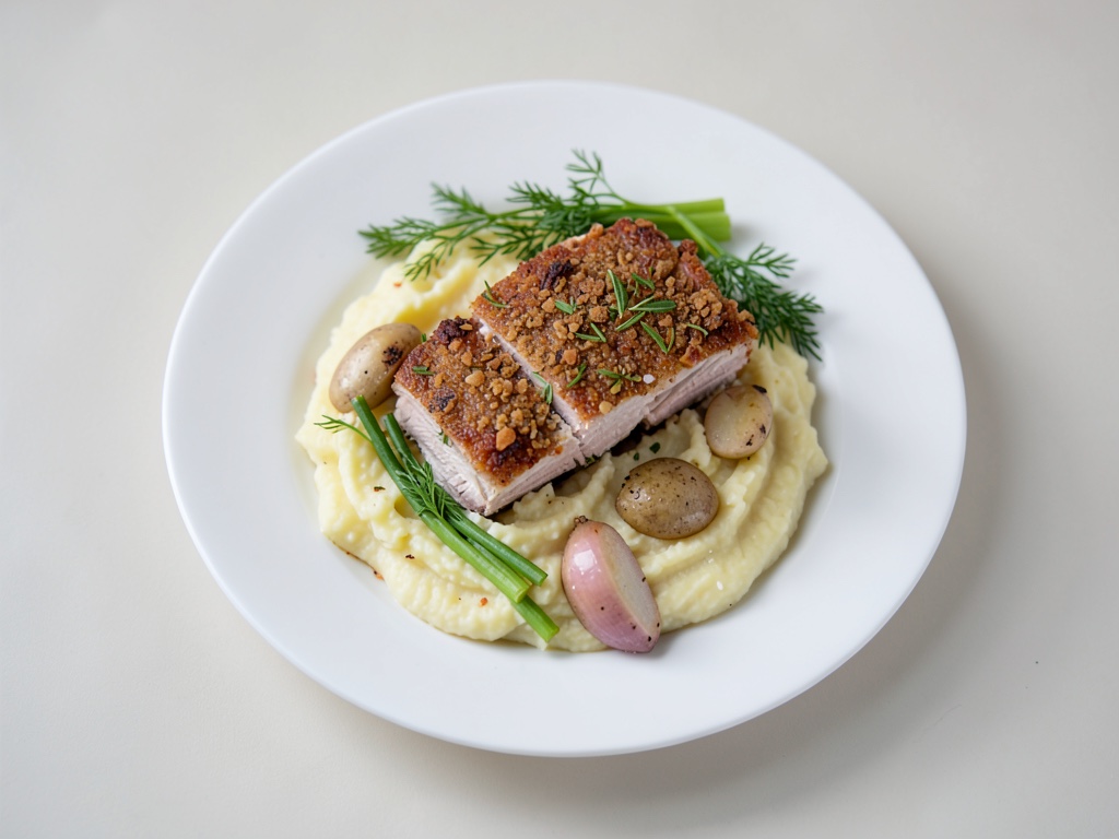 Knusprige Hähnchenbrust mit Käsekruste, Lauch und cremigem Kartoffelpüree