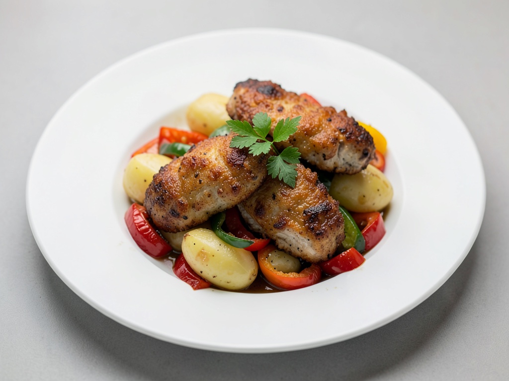 Petto di pollo croccante su un letto di patate e peperoni