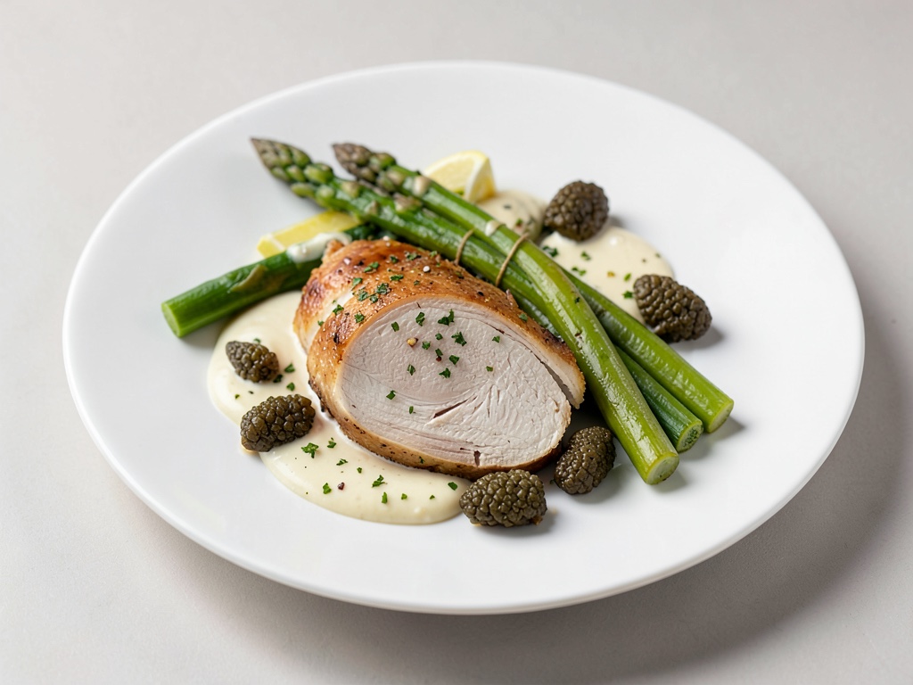 Tenera petto di pollo con asparagi verdi, morelle e crema al limone fresco