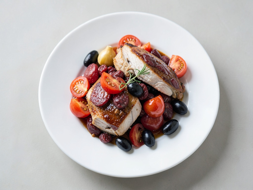 Petto di pollo con verdure di pomodoro e chorizo