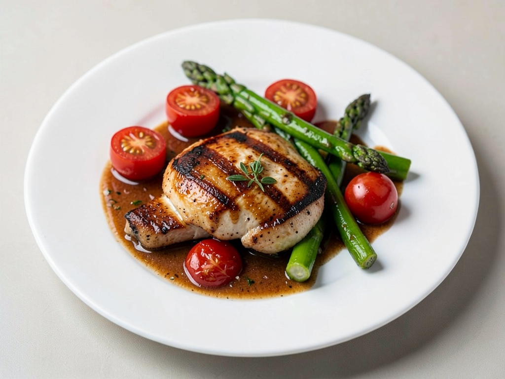 Pollo a la parrilla con espárragos y tomates