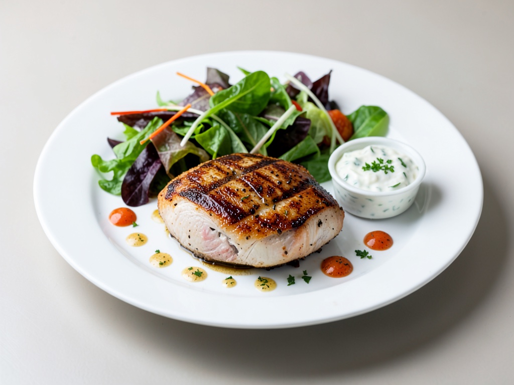 Petto di pollo alla griglia con insalata fresca e freddo dip di cetriolo e yogurt