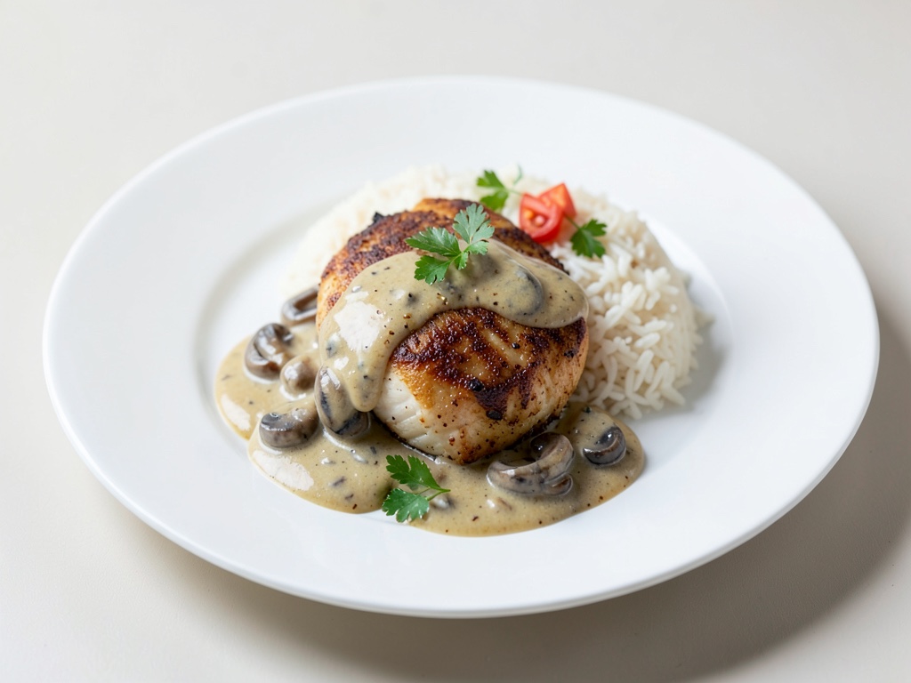 Petto di pollo in salsa di funghi panna con riso