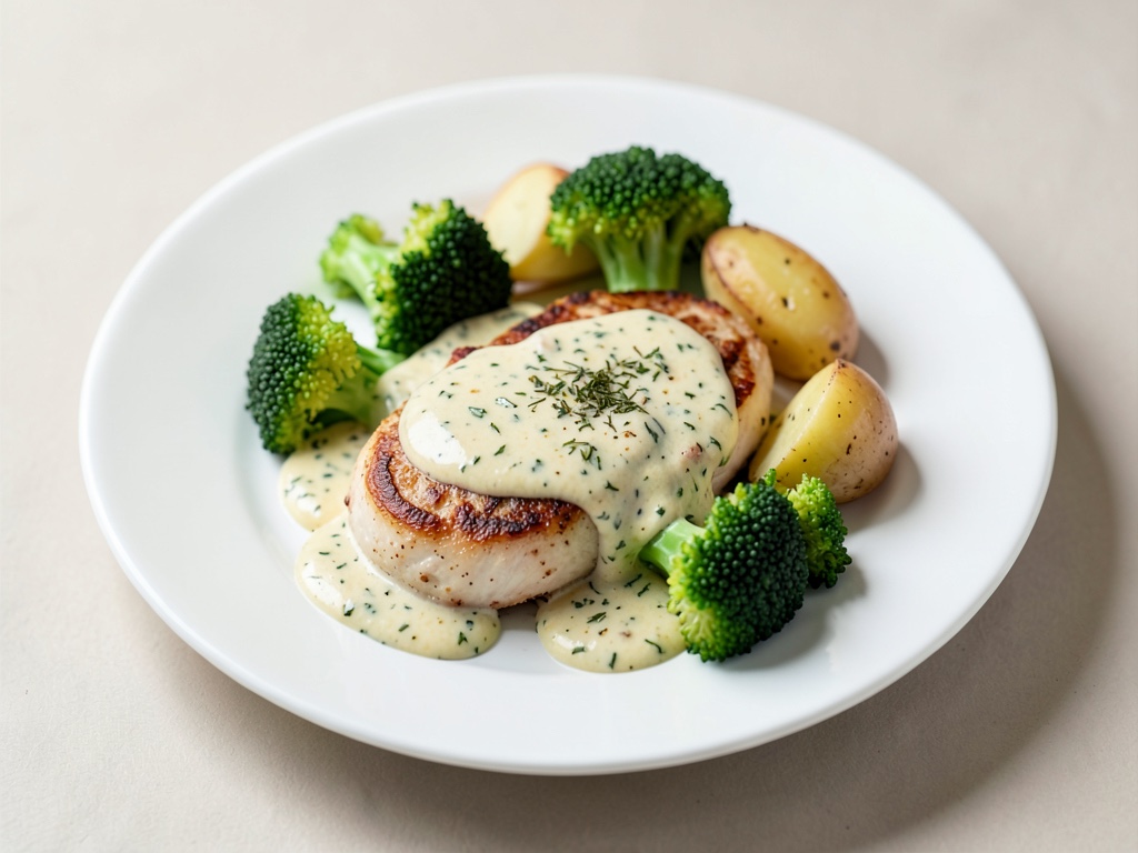 Petto di pollo con salsa alla crema e dragoncello, broccoli e patate
