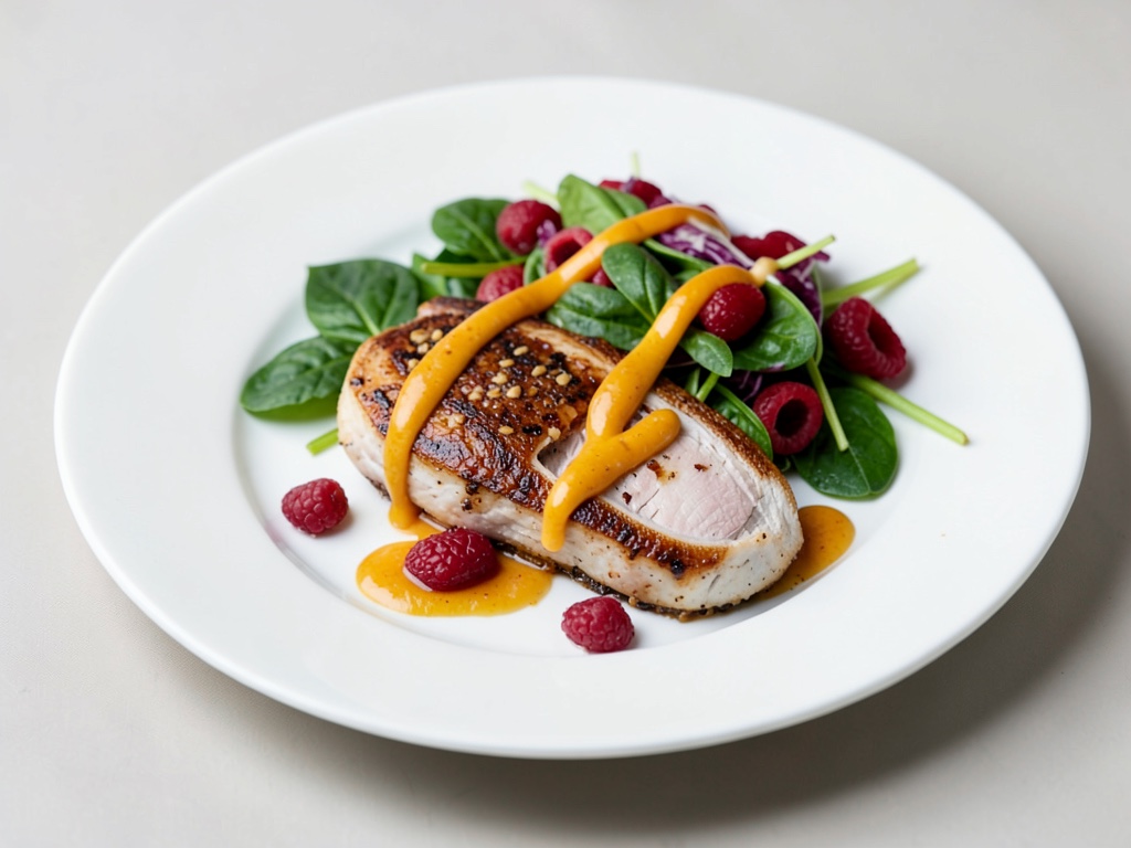 Poitrine de poulet avec salade d'épinards et framboises et vinaigrette à l'orange