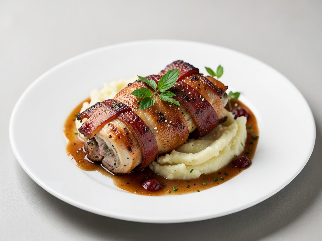 Plaisir croustillant au bacon et au poulet avec purée de pommes de terre